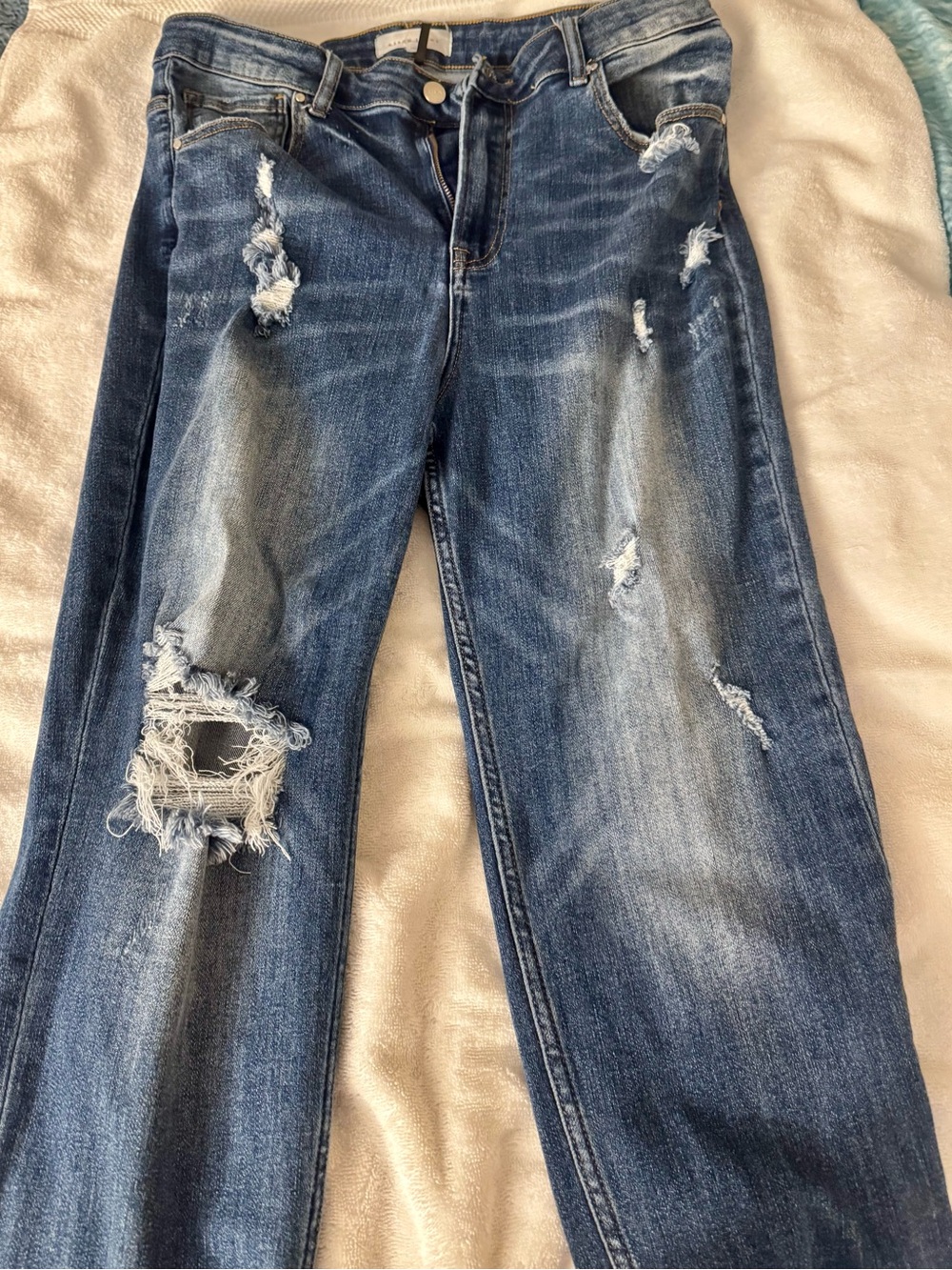 Straight Leg Distressed Women's Jeans in Blue Denim